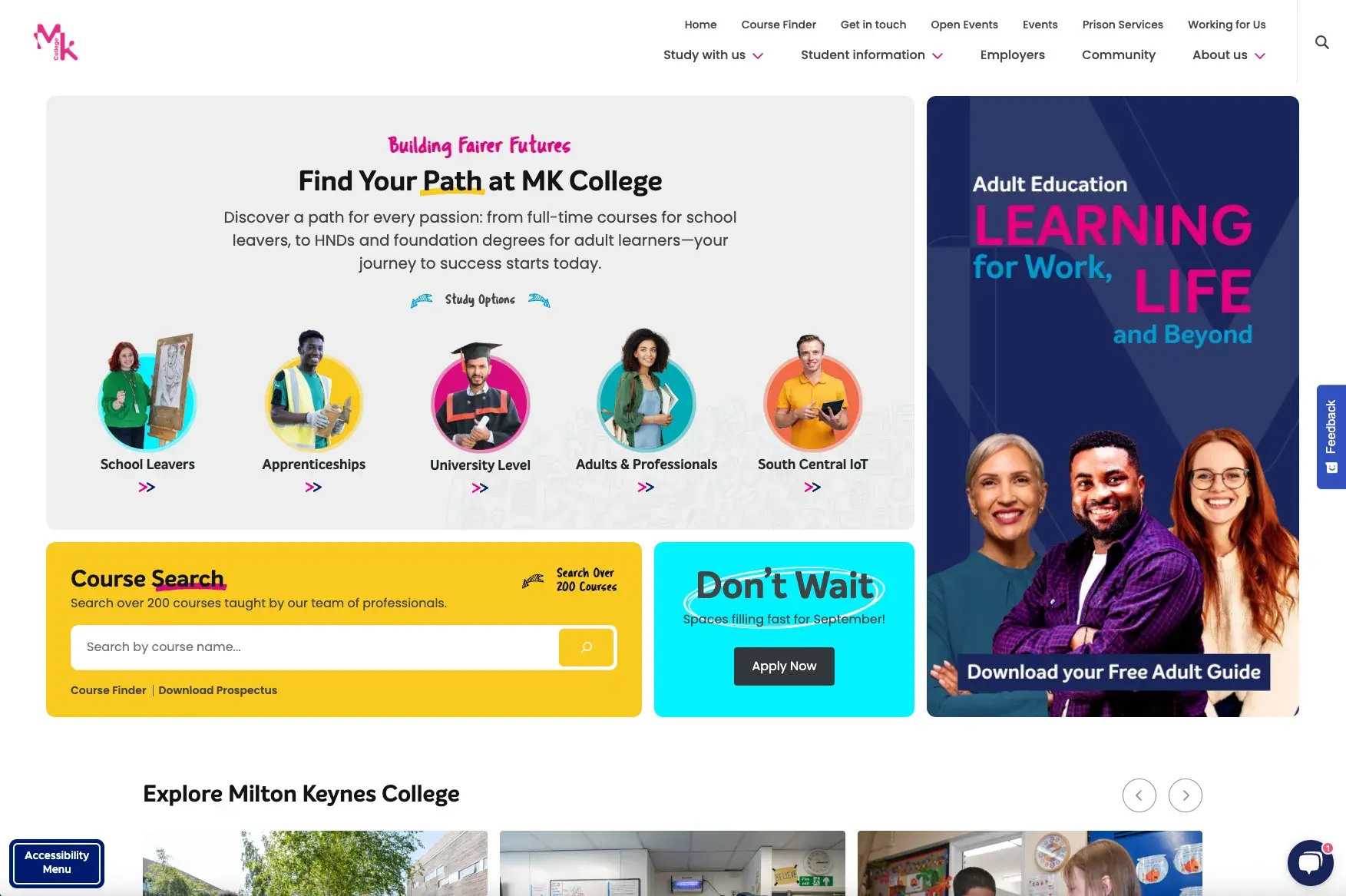 Screenshot of mkcollege.ac.uk website
